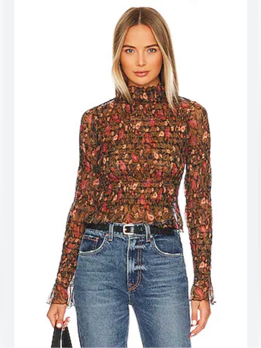 Free People Brown Floral Smocked Long Sleeve Top